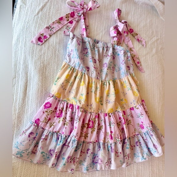 LOVESHACKFANCY Jeanne Pastel Floral Tiered Bow Strap Mini Dress 100% Cotton ~SM - Picture 10 of 16